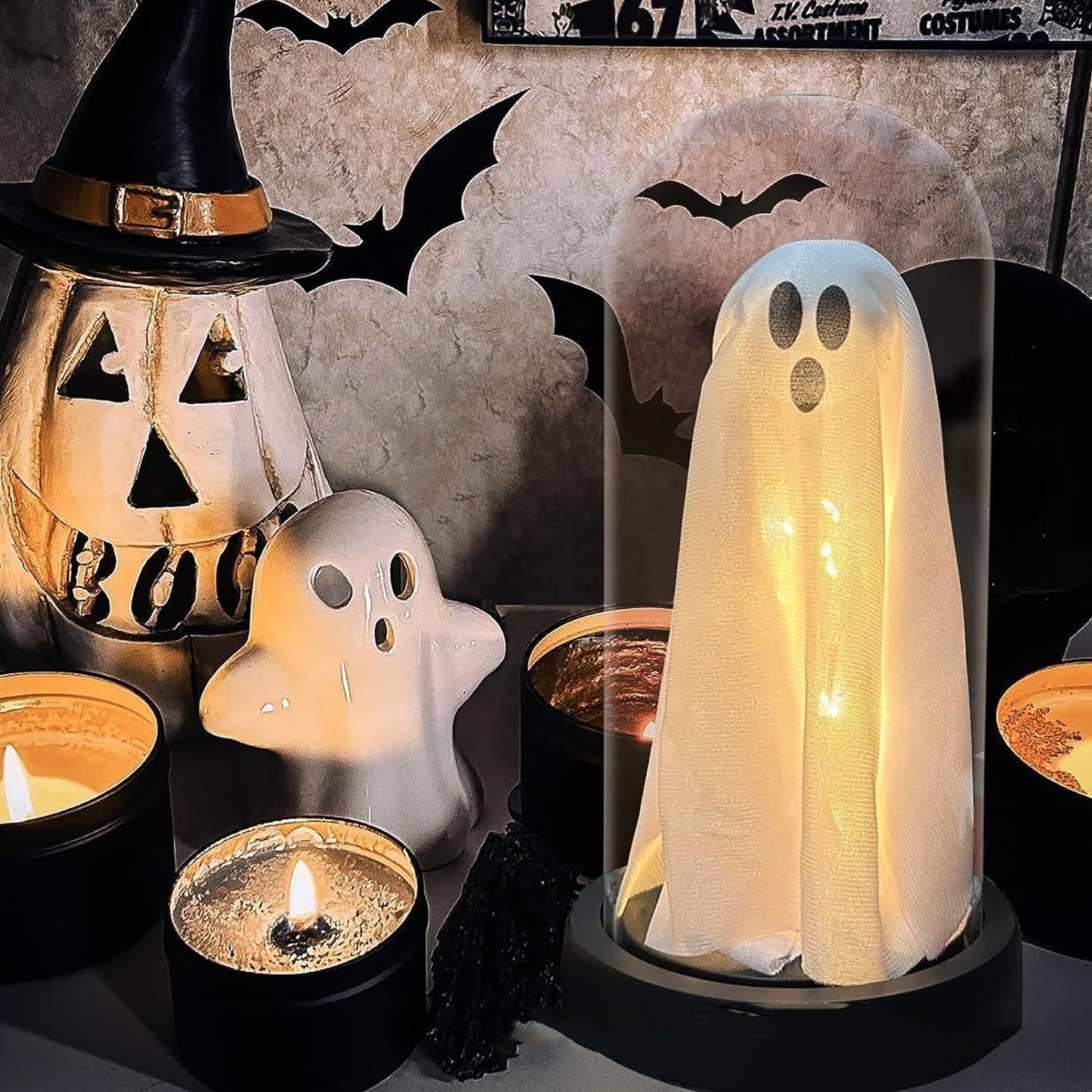 Light Up Ghost In Glass Cloche