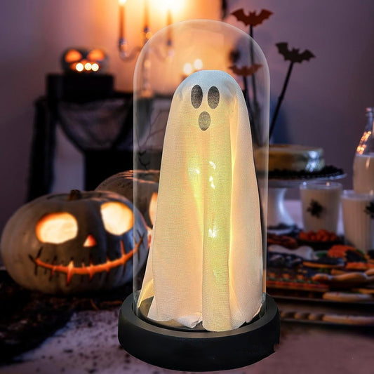 Light Up Ghost In Glass Cloche